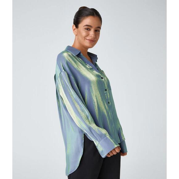 NWT Halara Pocket High Low Curved Hem Shine Oversize Work Shirt Troposphere XS - Picture 11 of 13